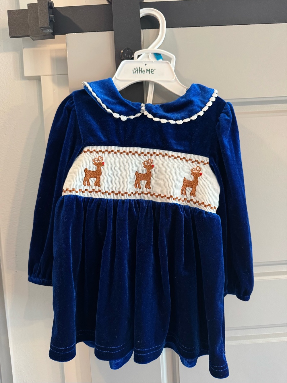 Blue Velvet Smocked Reindeer Dress with bloomers